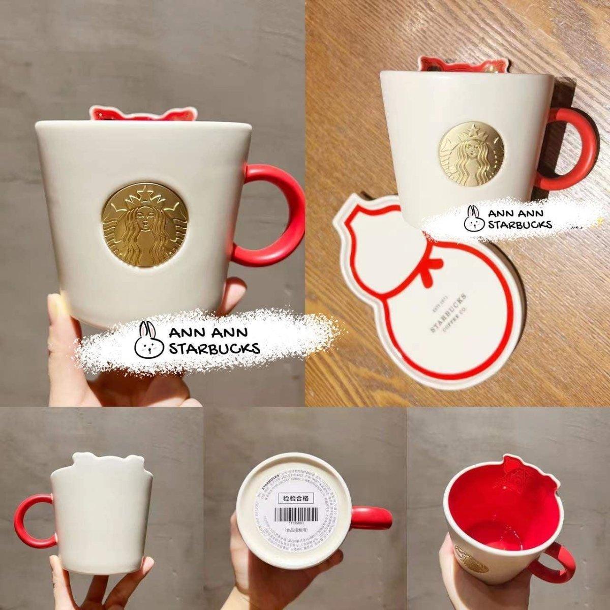 White and Red Tiger 360ml / 12oz Ceramic Mug with Gourd Water Bottle Plate (Starbucks China 2022 Chinese Lunar New Year Collection)